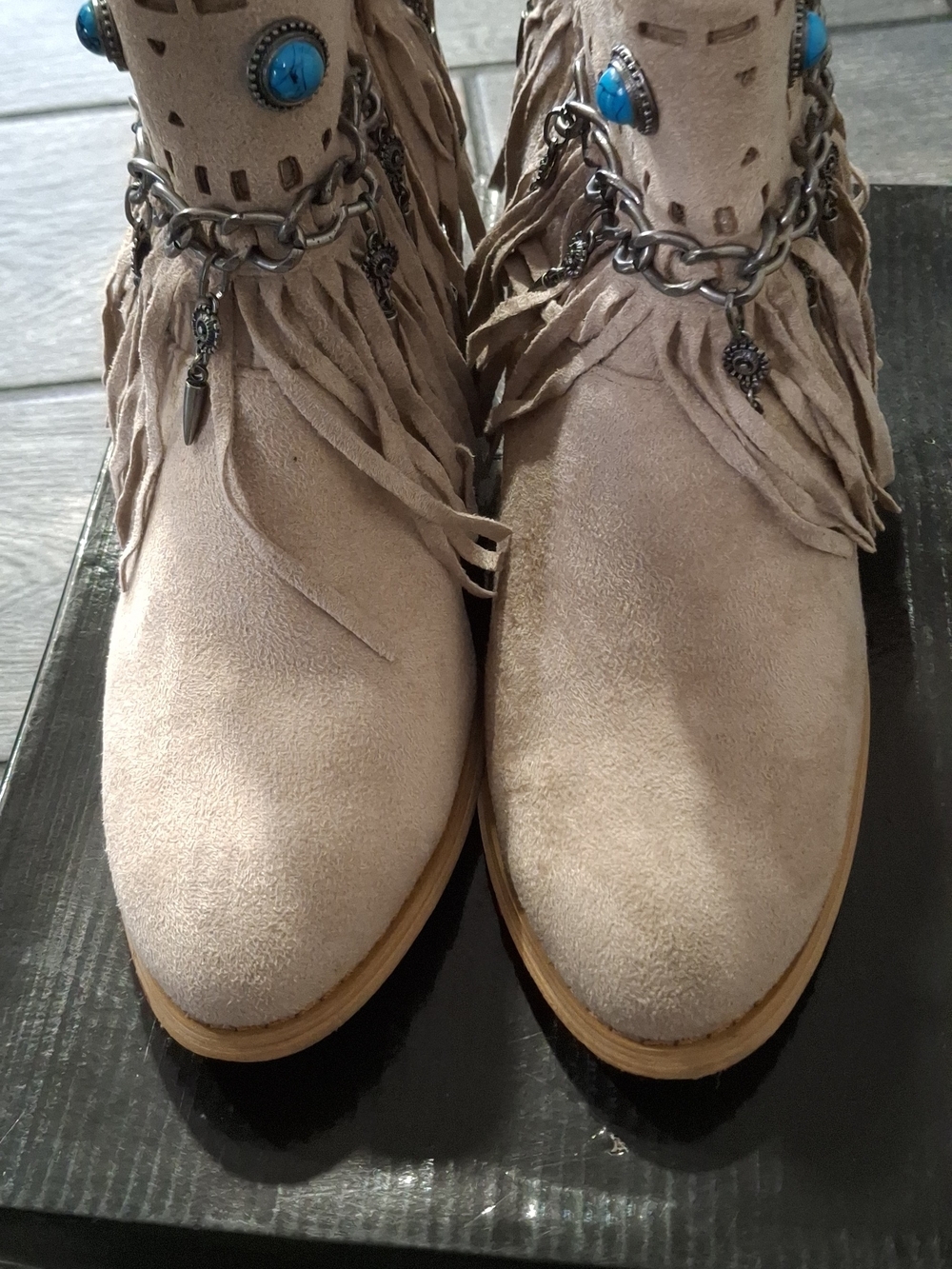 Not Rated Beige Suede Fringe Ankle Boots with Turquoise Accents
